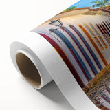 Art Deco poster of a Brazilian landscape on rolled canvas, featuring soft pastel colors, ideal for nursery wall art.