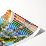 Extra large rolled print featuring line art flowers and a Brazilian scenery in muted green and brown tones.