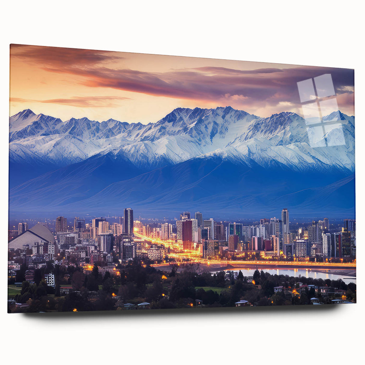 Acrylic print of a large abstract depiction of Santiago, Chile, in muted earth tones, ideal for bedroom or dining room art.