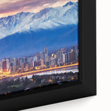 Black wall art depicting colorful Santiago skyline, textured acrylic print on extra large canvas.