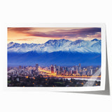 Extra large wall art of Santiago, Chile skyline in muted earth tones on rolled canvas, ideal for dining room decor.