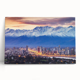 Black and white stretched canvas depicting Santiago, Chile skyline, ideal for kitchen wall art.