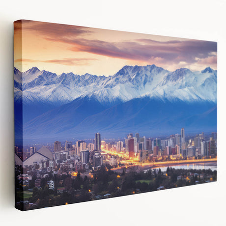 Panoramic view of Santiago, Chile on stretched canvas with soft earth tones, ideal for kitchen wall art.