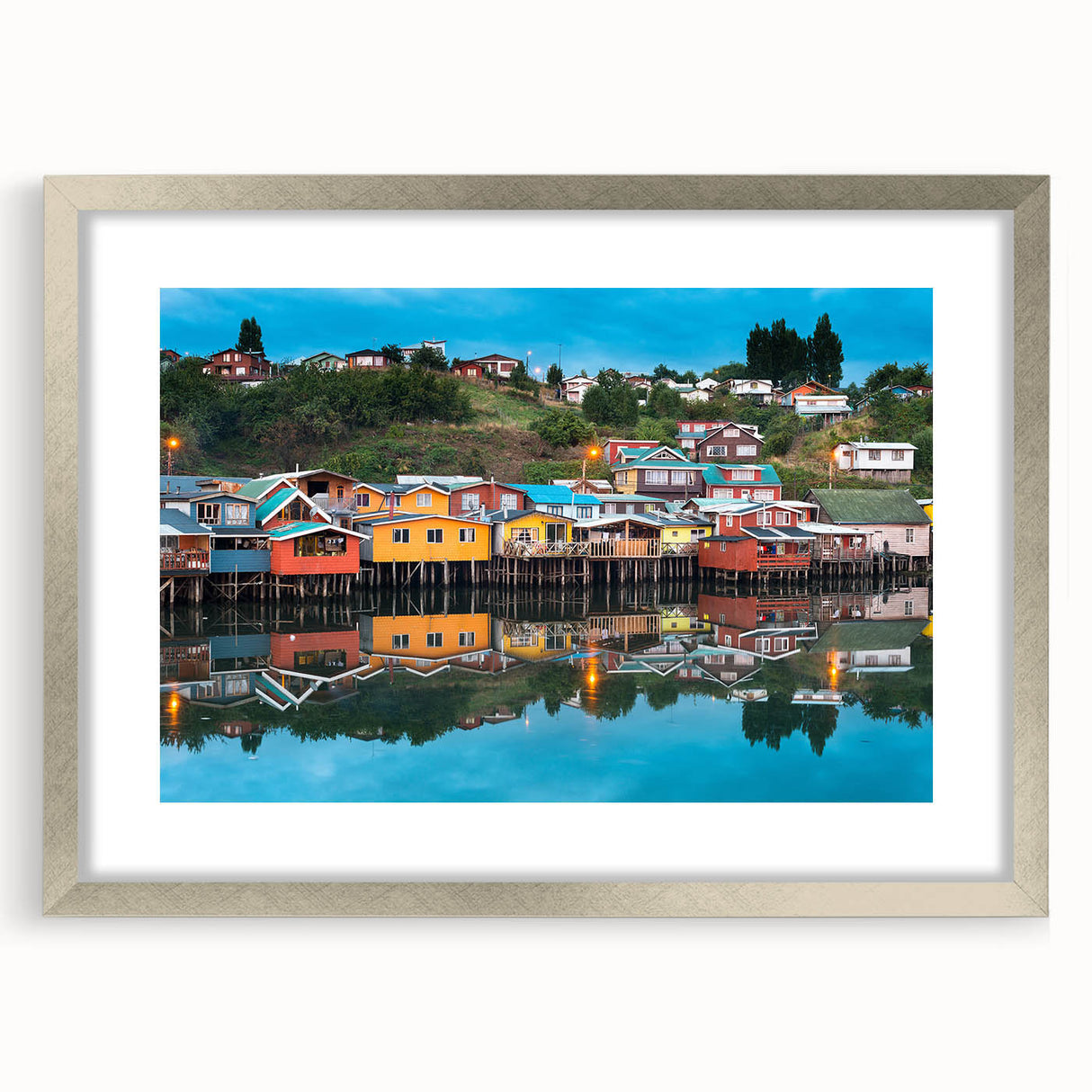Textured abstract art print depicting a Chilean landscape in muted earth tones on a framed silver mat.