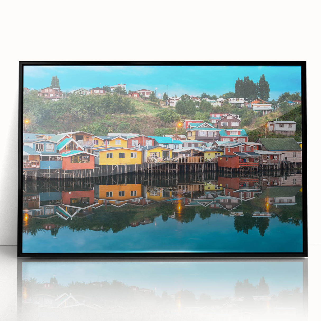 Large abstract wall art depicting a vibrant Chilean landscape, framed in black acrylic, suitable for modern art wall decor.