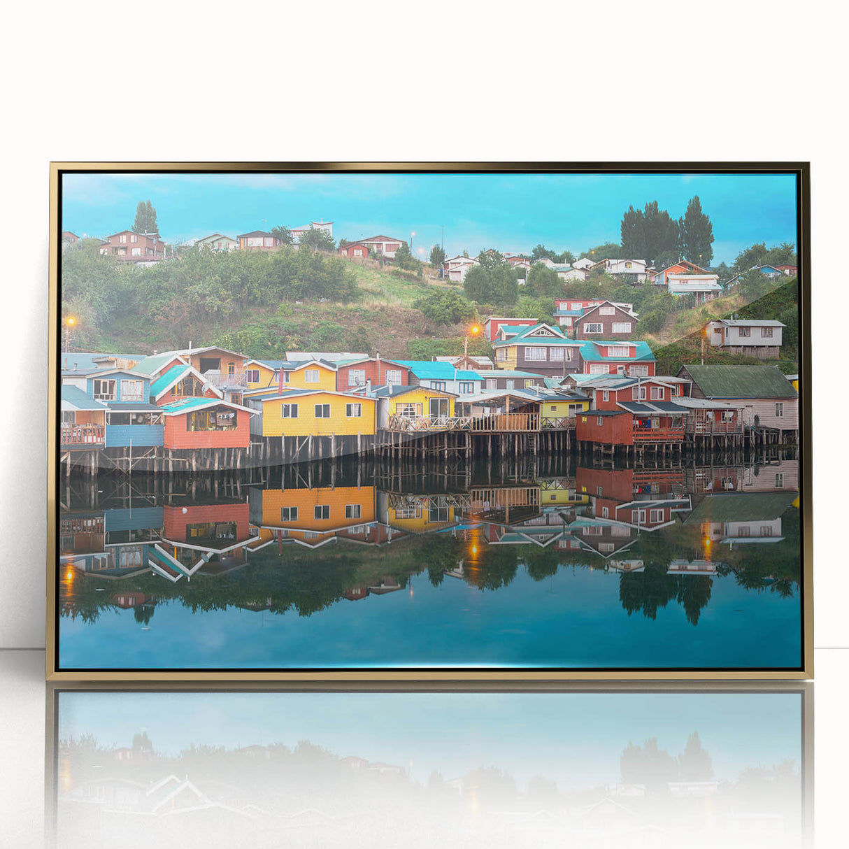 Framed acrylic print of a South American Chilean landscape in gold tones, ideal for modern art wall decor.
