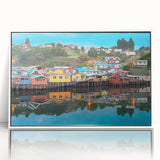 Acrylic print of a Chilean landscape in muted earth tones, framed in white, ideal for modern art wall decor.