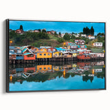 Black and white framed canvas featuring a vintage poster art style landscape of Chilean scenery.
