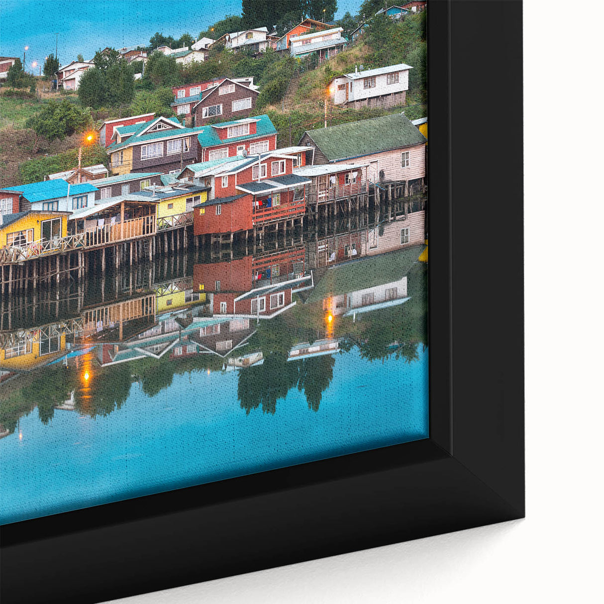 Extra large framed canvas featuring a textured portrayal of a Chilean landscape in black with colorful accents.