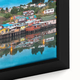 Extra large framed canvas featuring a textured portrayal of a Chilean landscape in black with colorful accents.