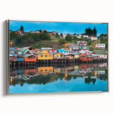 Framed canvas landscape art painting of a vibrant Chilean scene in silver frame, ideal for living room decor.