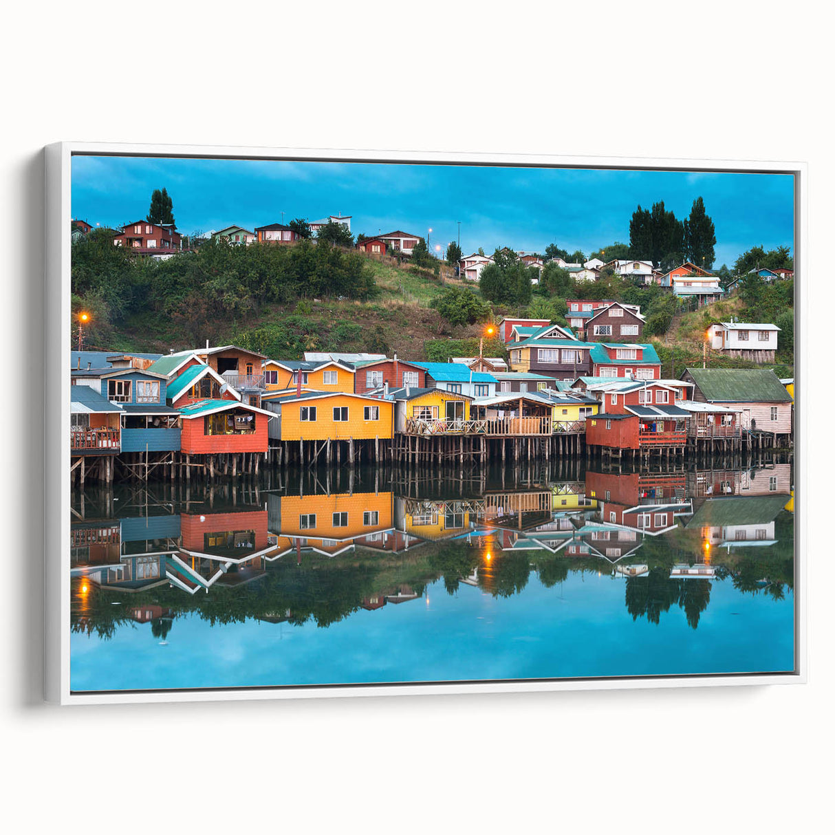 Vintage poster art of a colorful Chilean landscape on extra large framed canvas, ideal for living room decor.