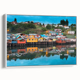 Vintage poster art of a colorful Chilean landscape on extra large framed canvas, ideal for living room decor.