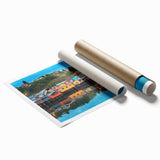 Extra large rolled print of a Chilean landscape with vibrant green and blue tones, ideal for classy bathroom wall art.
