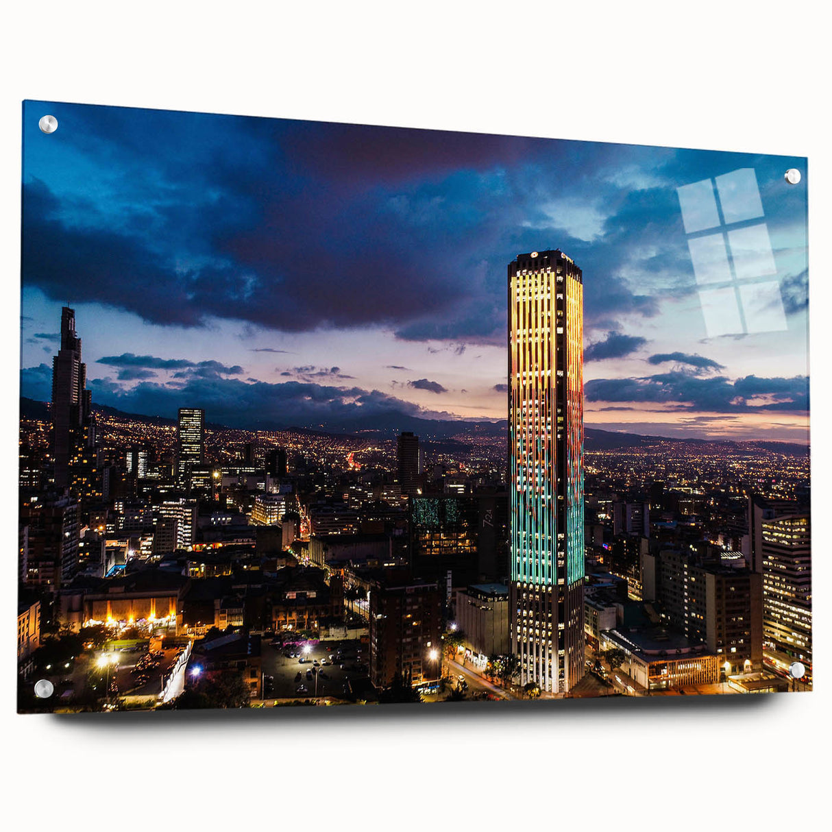 Large abstract wall art depicting a South American scenery in vibrant colors on acrylic glass.