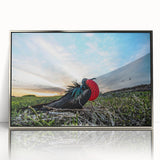 Mid-century modernist art depicting the Galapagos scenery in Ecuador, with muted earth tones on a silver-framed acrylic.