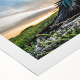 Art deco poster of a Galapagos scenery on rolled canvas, featuring muted earth tones, suitable for dining room wall art.