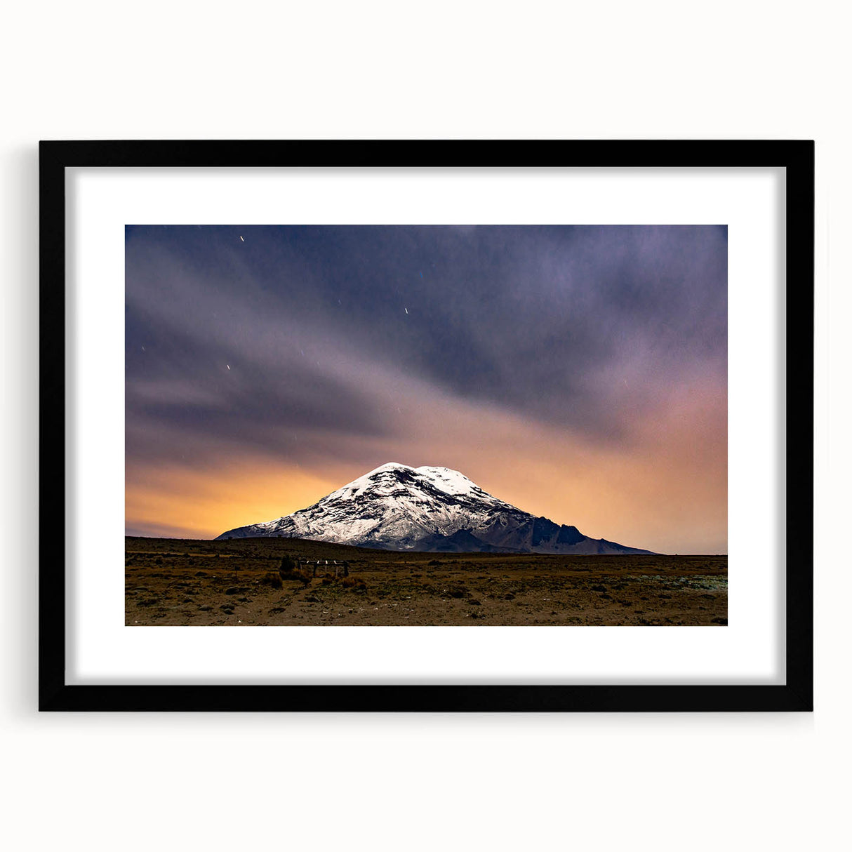 Extra large abstract art print of a colorful, textured South American scenery on a framed black mat.