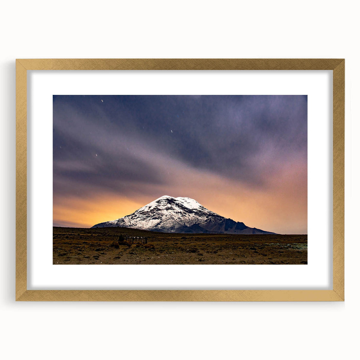 Extra large abstract art print of a textured South American landscape, in muted earth tones, framed in gold.