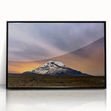 Large abstract wall art featuring a stylized South American landscape in muted earth tones, framed in black acrylic.