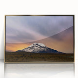 Large art print of an Ecuadorian landscape in mid-century modernist style, featuring muted earth tones on a framed acrylic.