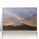 Art deco poster of an Ecuadorian landscape in muted earth tones on a white framed acrylic.