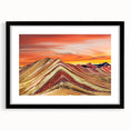 Extra large abstract art print of a colorful South American scenery on textured canvas, framed with a black mat.