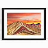 Extra large abstract art print of a colorful South American scenery on textured canvas, framed with a black mat.