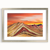 Textured abstract art print of a Peruvian landscape in muted earth tones, framed in silver, ideal for bedroom art.