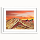 Abstract art print of a stylized South American scenery in muted earth tones, framed with a white mat.
