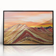 Large abstract wall art depicting a stylized South American landscape in muted earth tones, framed in black acrylic.
