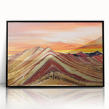 Large abstract wall art depicting a stylized South American landscape in muted earth tones, framed in black acrylic.