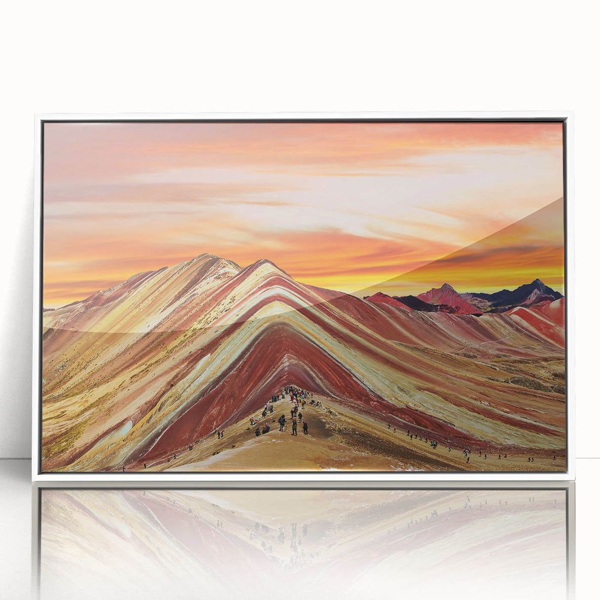 Art deco poster of a Peruvian landscape in muted earth tones on framed acrylic, suitable for modern nursery decor.