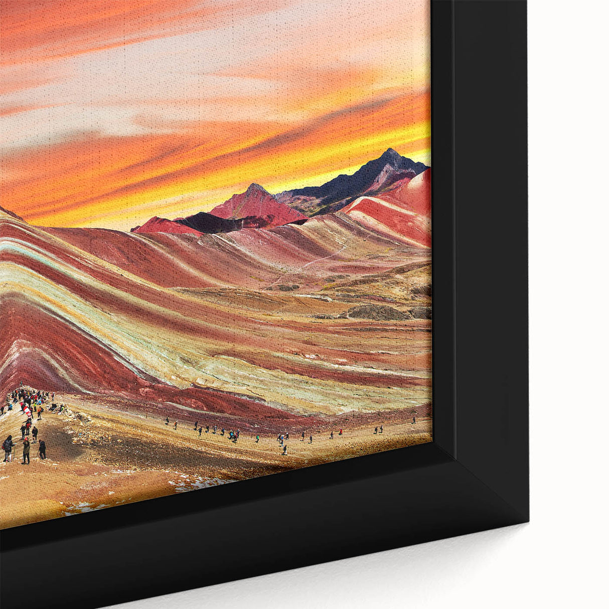 Framed canvas featuring a textured depiction of a Peruvian landscape in vibrant colors, ideal for living room decor.