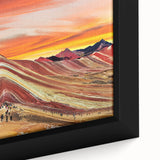 Framed canvas featuring a textured depiction of a Peruvian landscape in vibrant colors, ideal for living room decor.