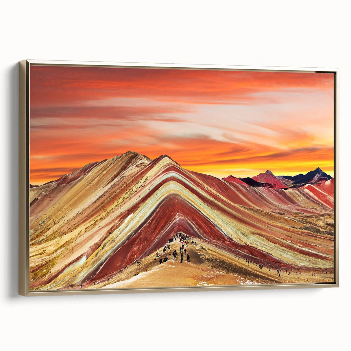 Framed canvas wall art featuring a vintage-style landscape painting of a scenic Peruvian view in black and gold tones.