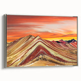 Landscape art painting of a Peruvian scenery on framed canvas, featuring vibrant colors and vintage poster style.
