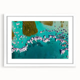 Abstract art print of a Venezuelan landscape in muted earth tones on a framed white mat, ideal for dining room decor.