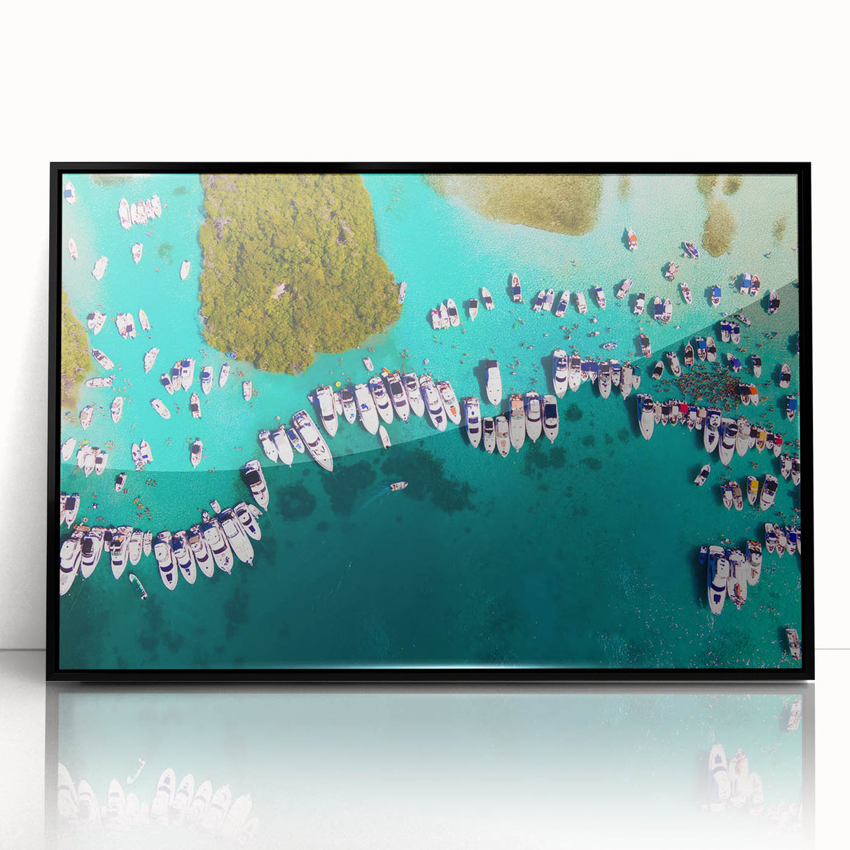 Large abstract wall art depicting a stylized South American landscape in vibrant colors, framed in black acrylic.