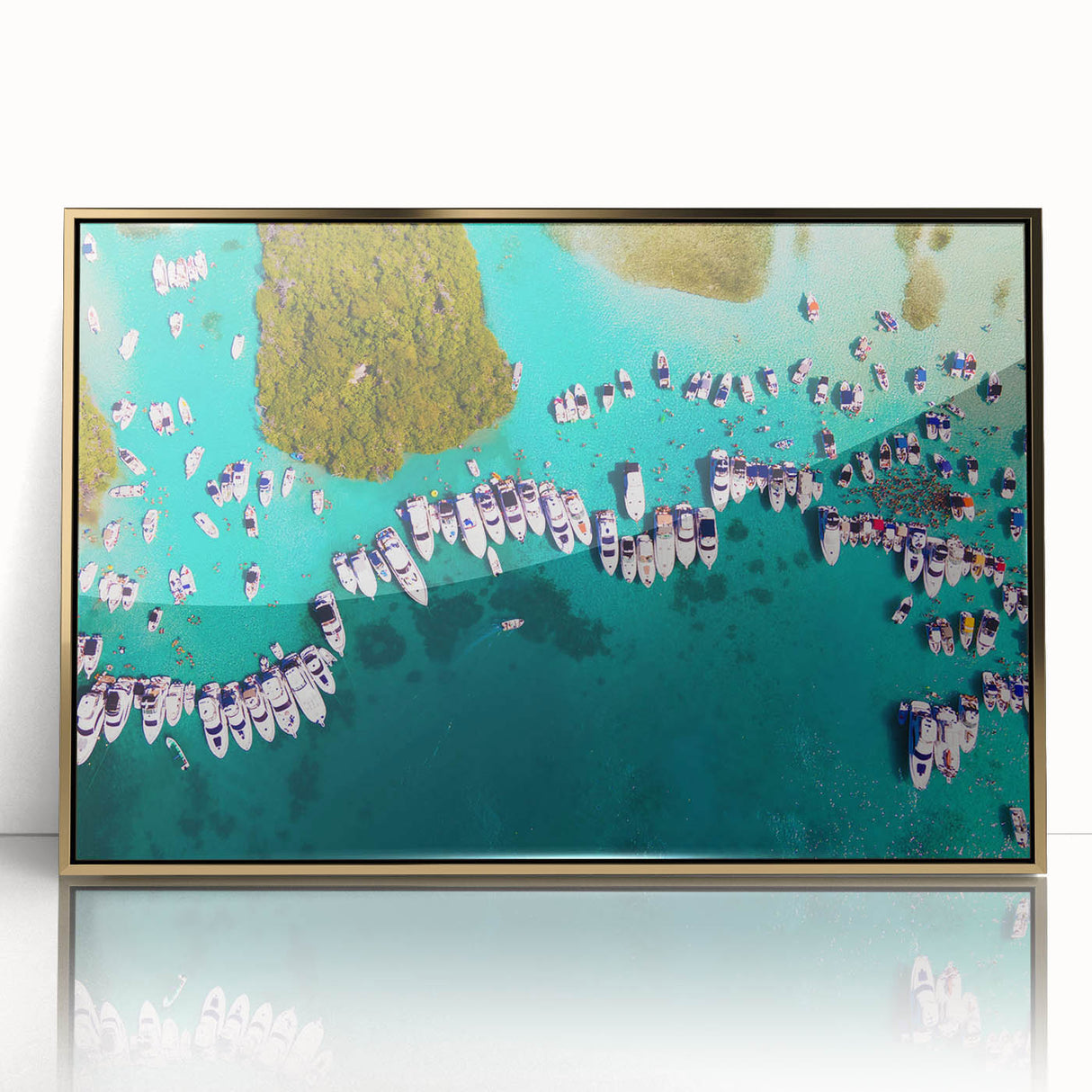 Large art print of a South American landscape in muted earth tones, framed in gold acrylic, ideal for modern art wall decor.