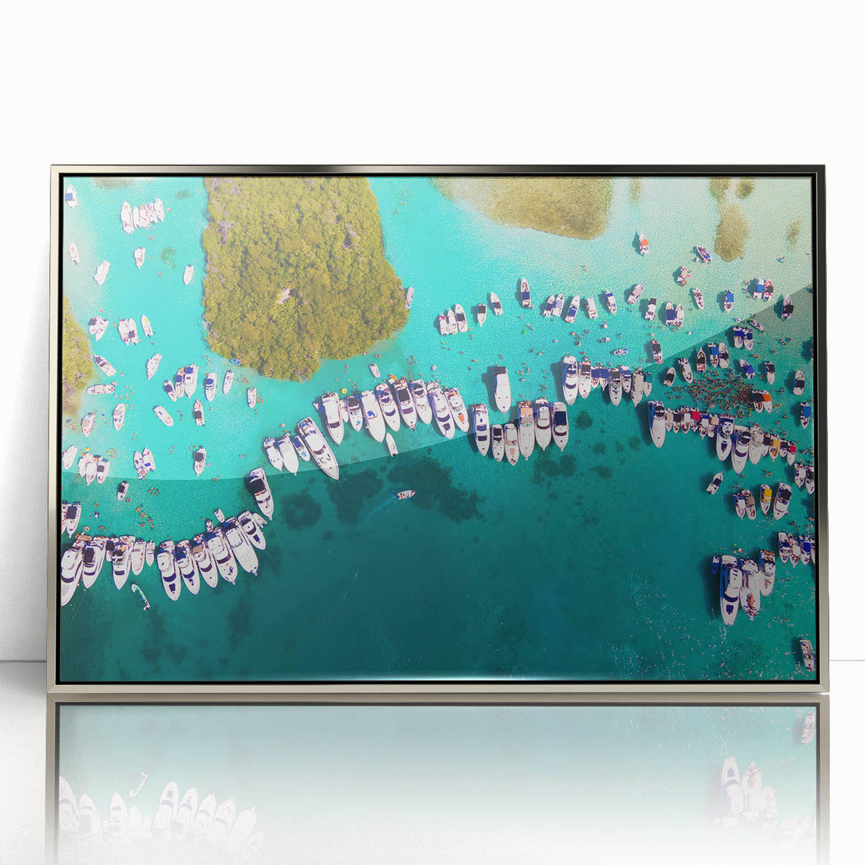 Mid-century modernist art depicting a scenic Venezuelan landscape in cool blues and greens, framed in acrylic.