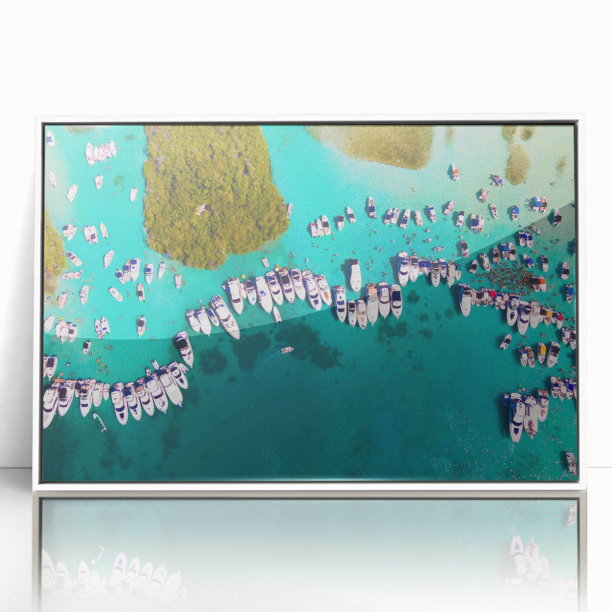 Acrylic print of a serene Venezuelan landscape in soft green and blue tones, framed in white.