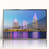 Mid-century modernist art depicting Alabama scenery in muted earth tones on a silver-framed acrylic print.