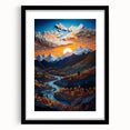 Abstract art print of Denali, Alaska in vibrant colors on a textured, extra large canvas, framed in black.