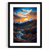 Abstract art print of Denali, Alaska in vibrant colors on a textured, extra large canvas, framed in black.