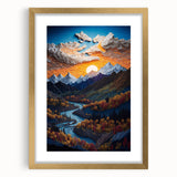 Extra large abstract art print of Denali, Alaska, in textured style with a gold frame, suited for living room decor.