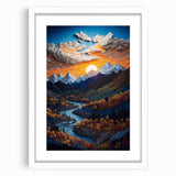 Abstract art print of Denali, Alaska in muted earth tones on a framed white mat, ideal for dining room decor.
