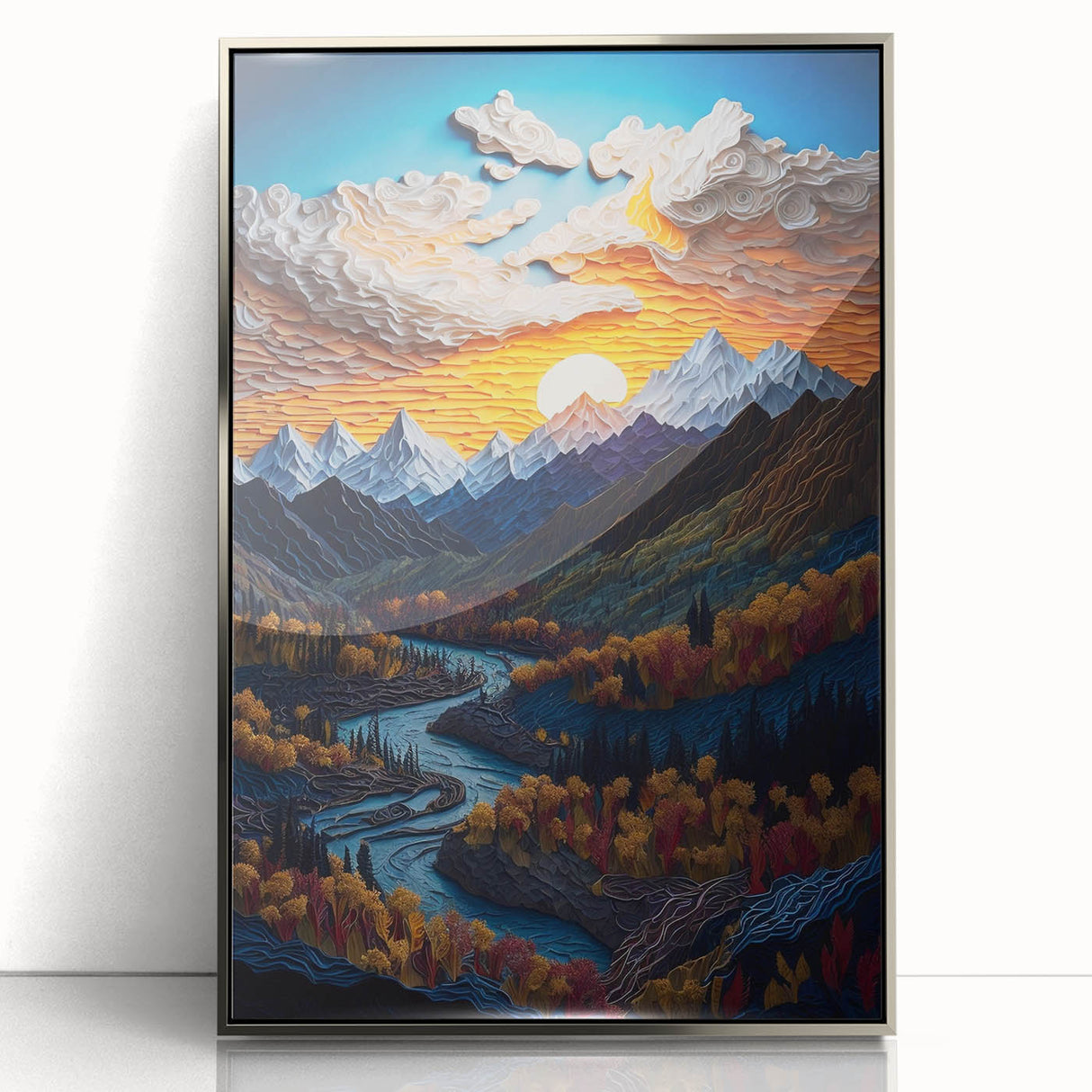 Mid-century modernist art depicting Denali, Alaska in muted earth tones on a framed acrylic, ideal for modern art wall decor.