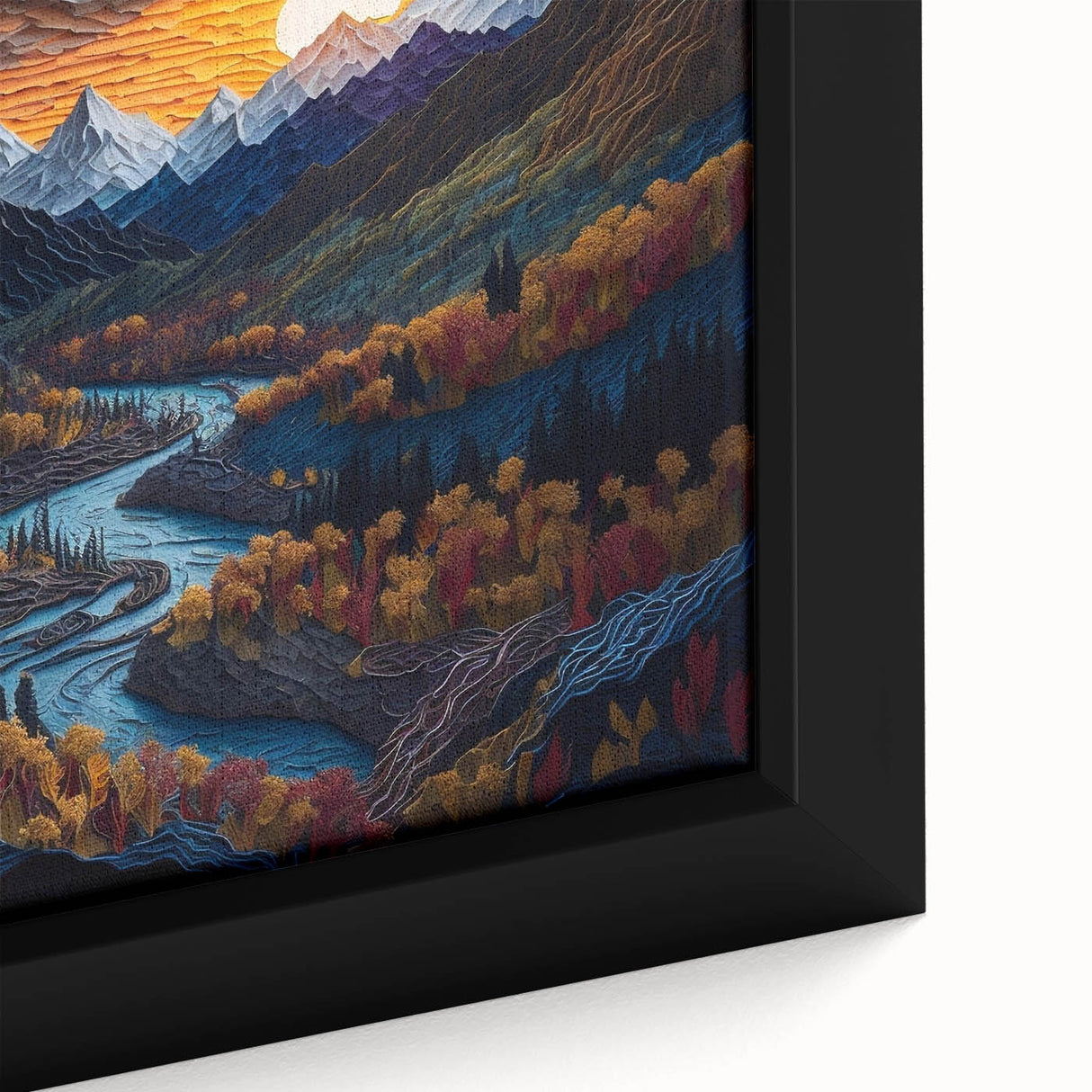 Framed canvas depicting Denali, Alaska in textured black with colorful accents, ideal for living room decor.