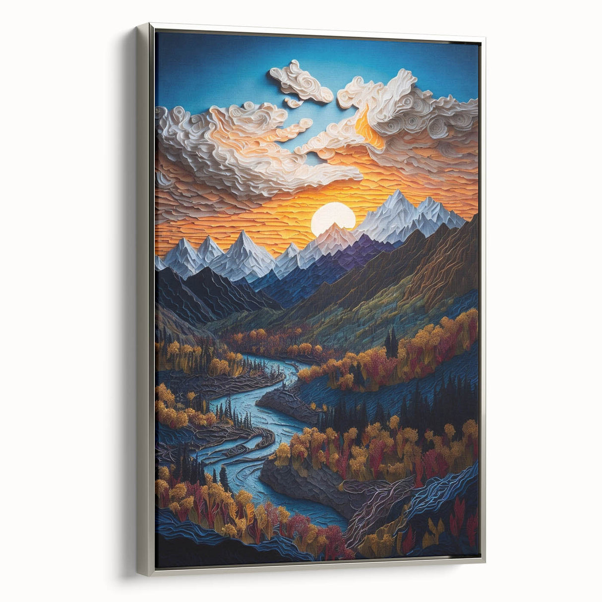 Framed canvas featuring a vintage-style landscape art painting of Denali, Alaska, with muted earth tones.